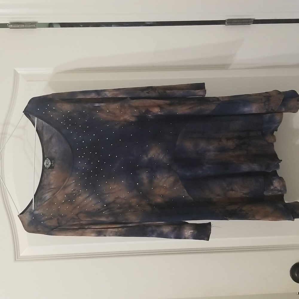 Cal Style Tye Dye Navy & Tan Silver Studded Tunic Top Size L